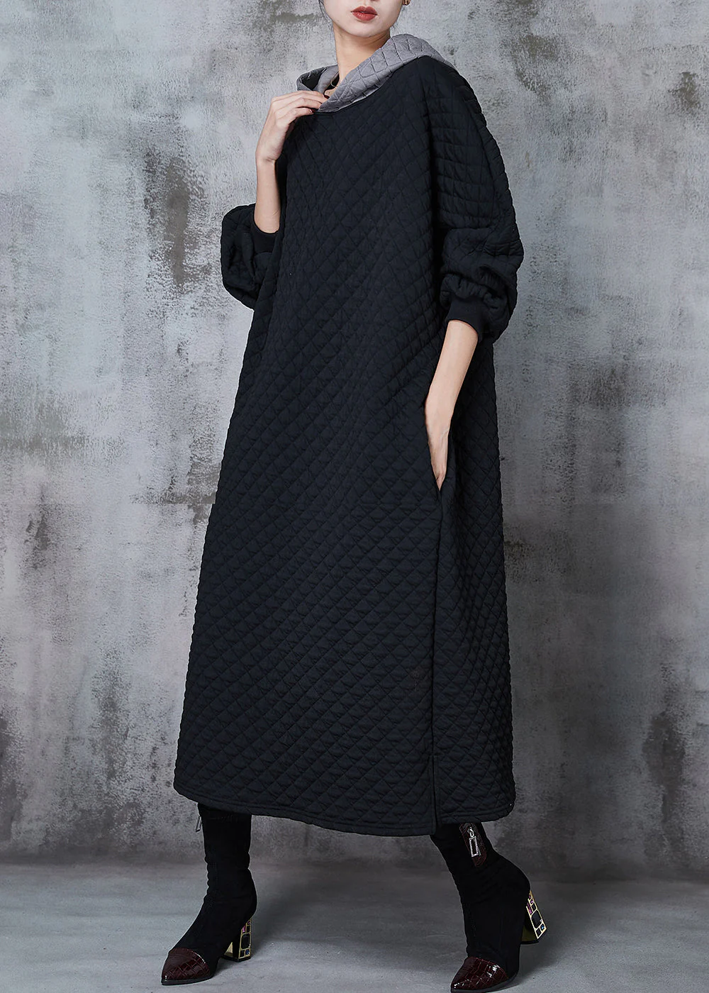 Stylish Black Hooded Patchwork Thick Cotton Holiday Dress Spring - Image 3