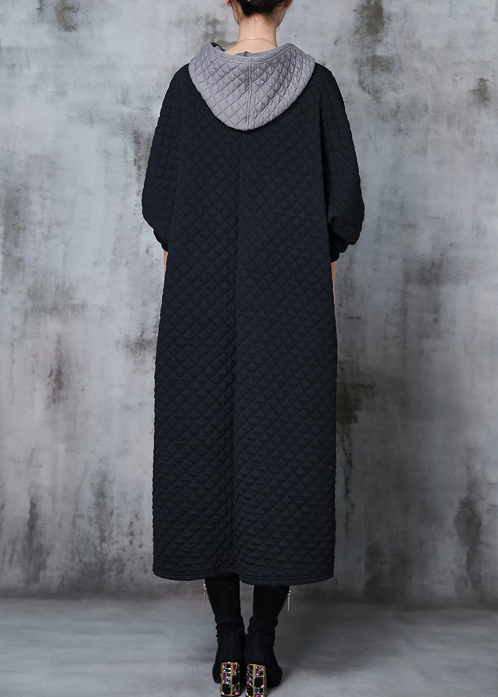 Stylish Black Hooded Patchwork Thick Cotton Holiday Dress Spring - Image 4