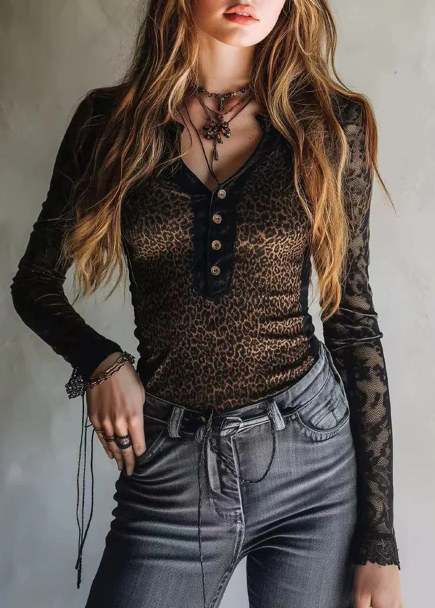 Stylish Black Leopard Patchwork Lace Shirt Tops Spring - Image 3