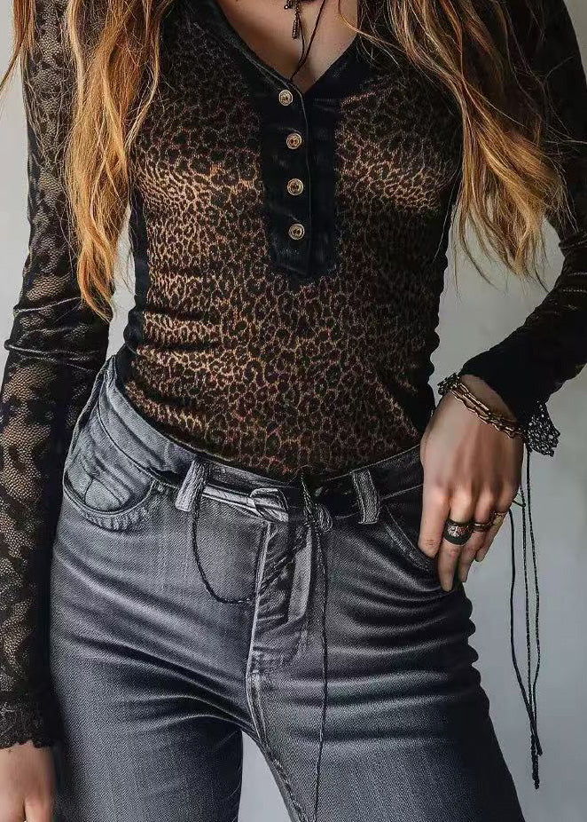 Stylish Black Leopard Patchwork Lace Shirt Tops Spring - Image 4