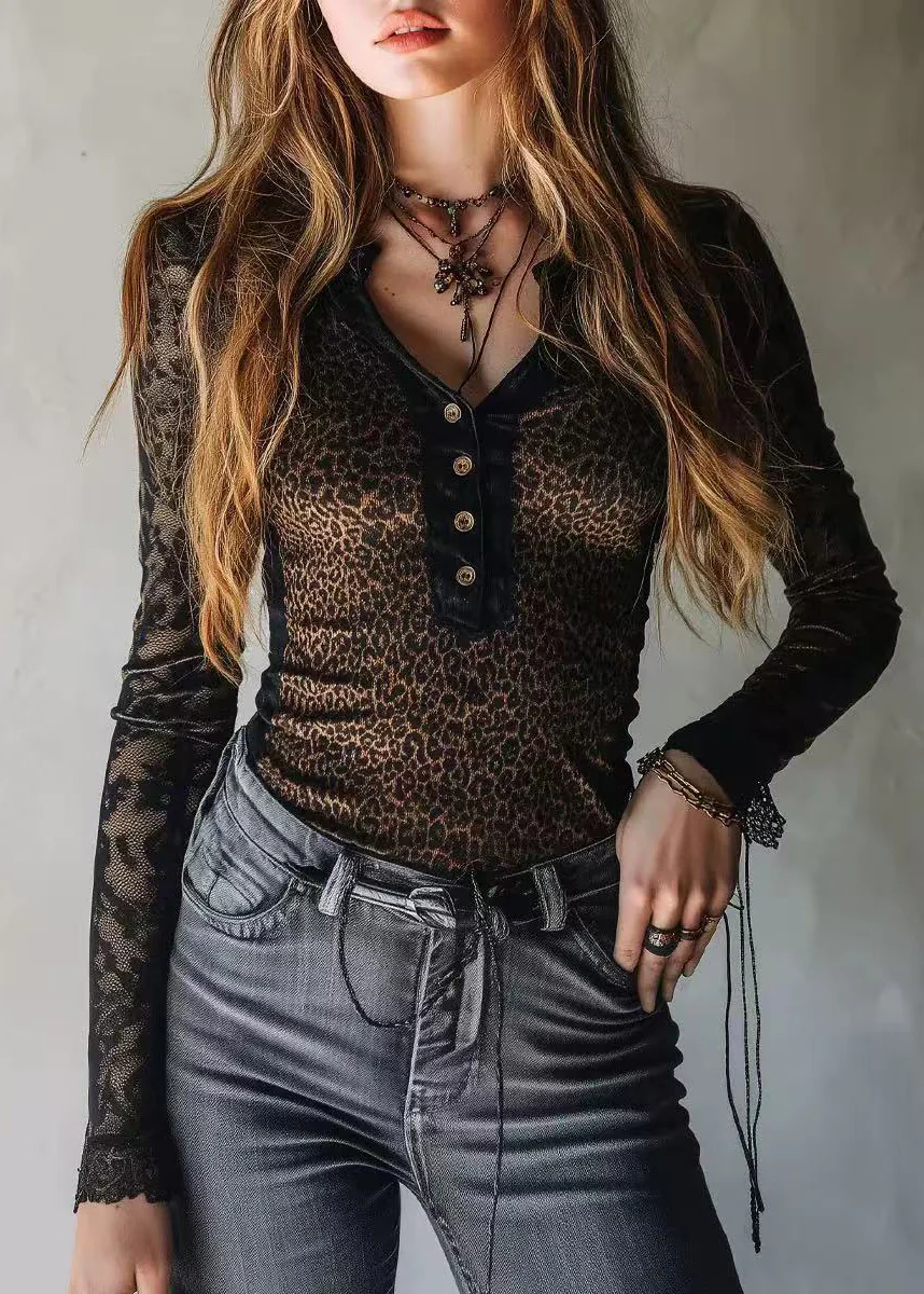 Stylish Black Leopard Patchwork Lace Shirt Tops Spring - Image 5