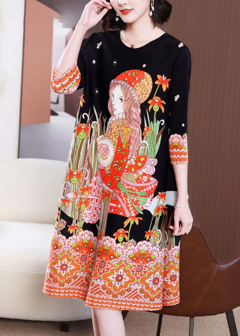 Stylish Black O-Neck Character Print Wrinkled Mid Dress Bracelet Sleeve - Image 3