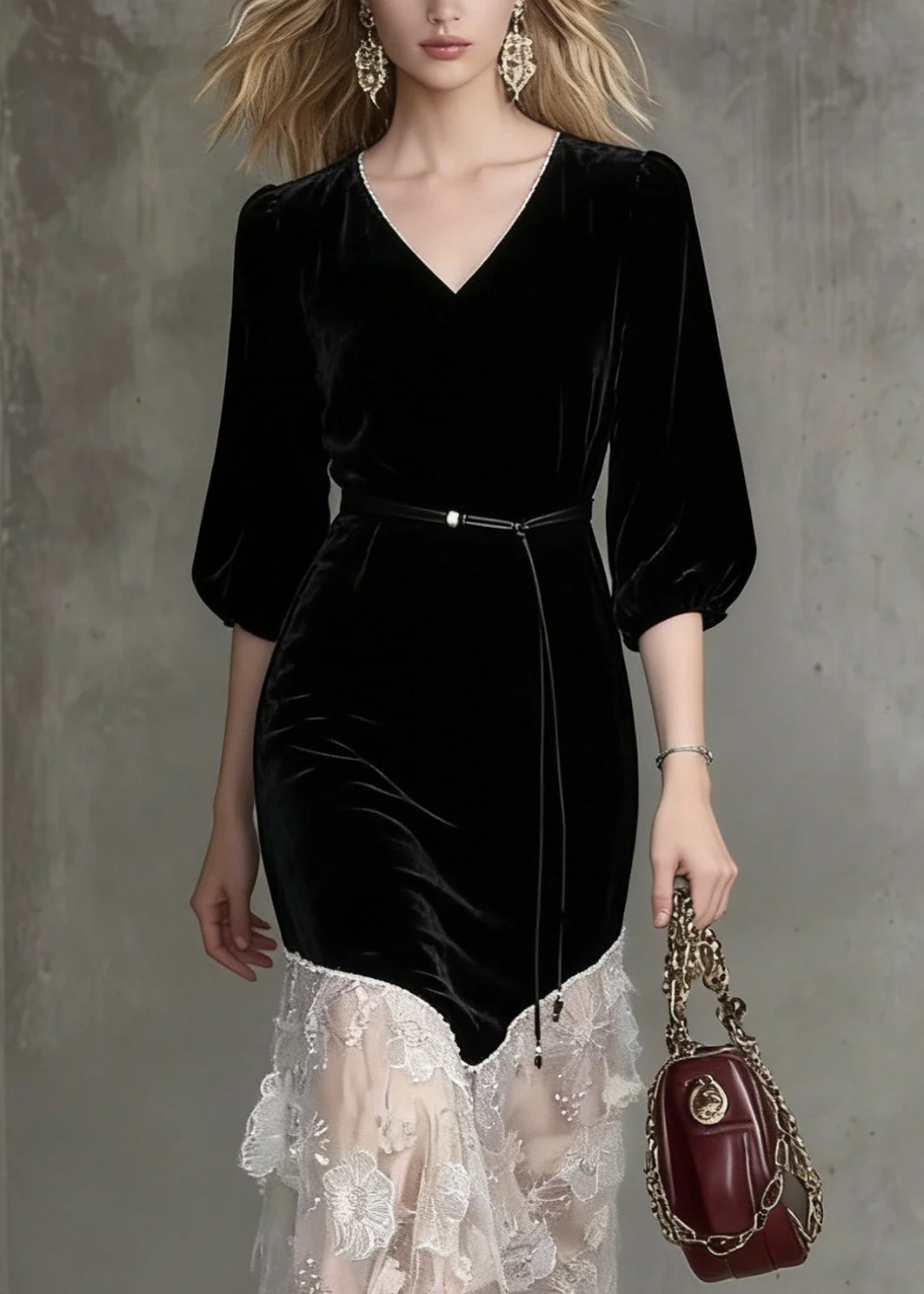 Stylish Black O Neck Embroidered Patchwork Velvet Dress Spring - Image 2