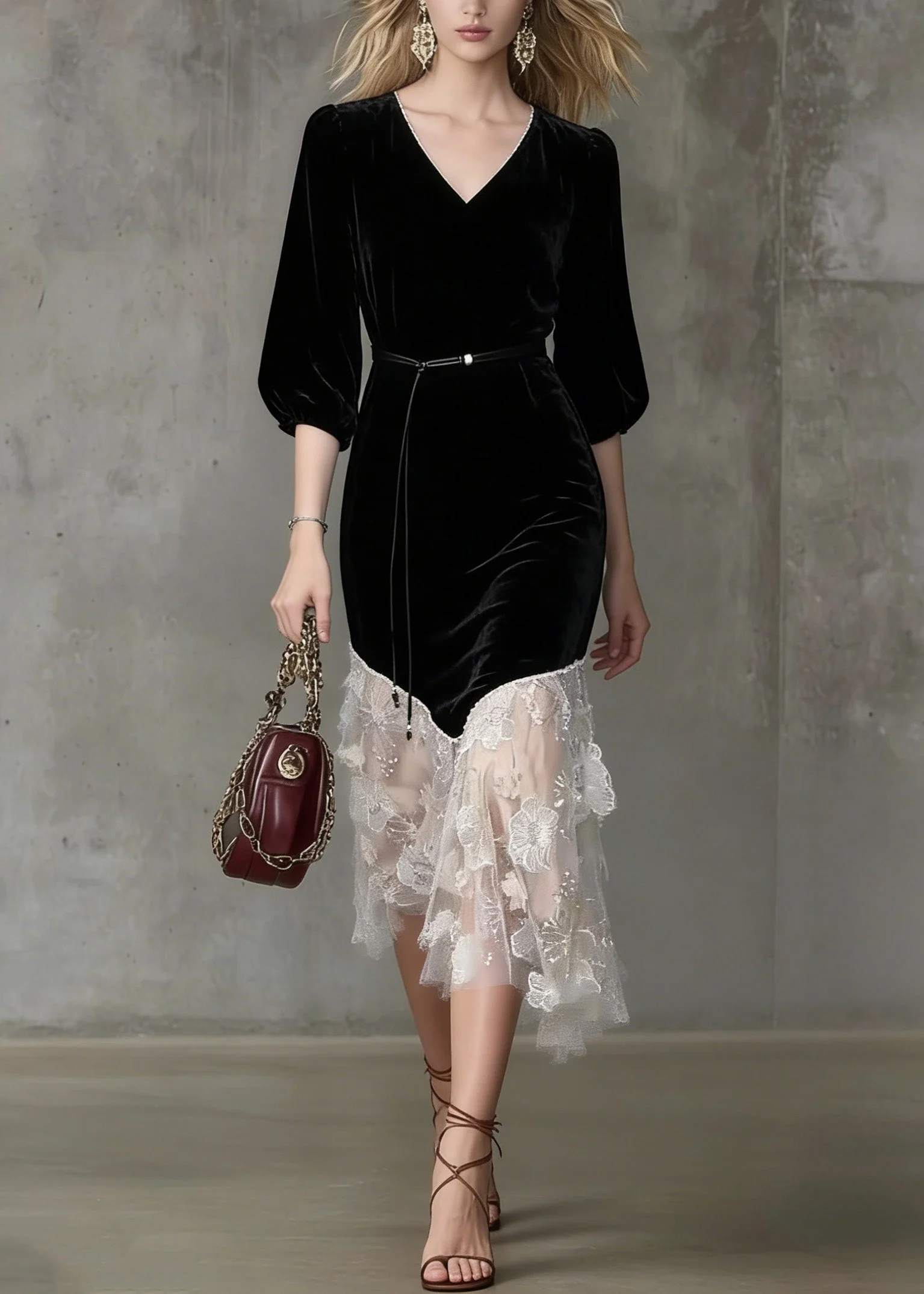 Stylish Black O Neck Embroidered Patchwork Velvet Dress Spring - Image 3