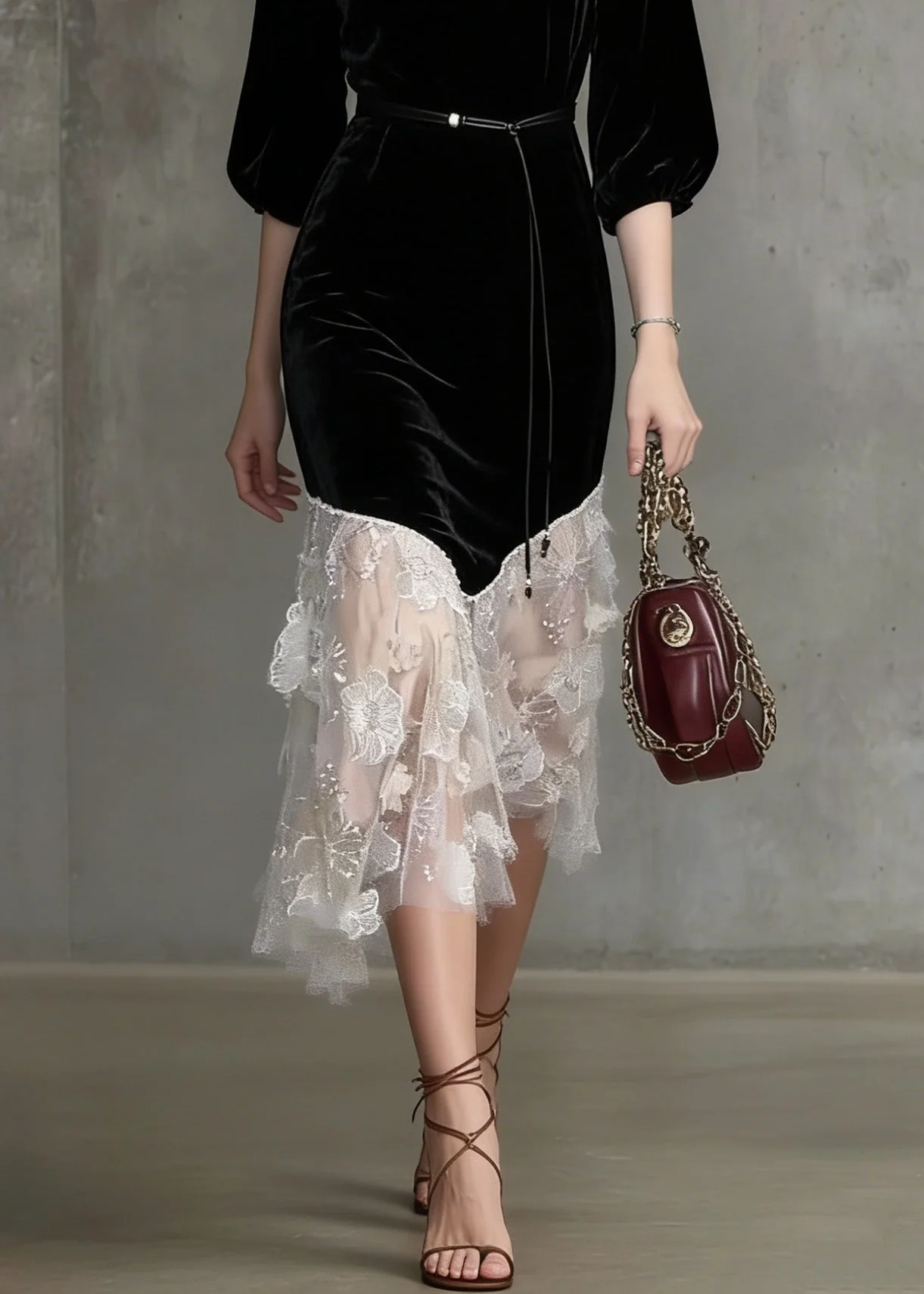 Stylish Black O Neck Embroidered Patchwork Velvet Dress Spring - Image 4
