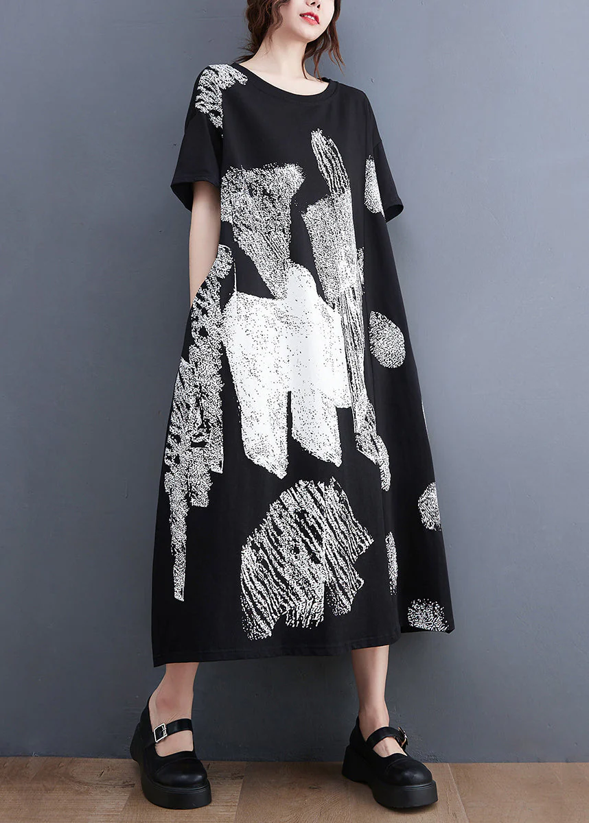 Stylish Black O-Neck Oversized Print Cotton Long Dress Summer - Image 2