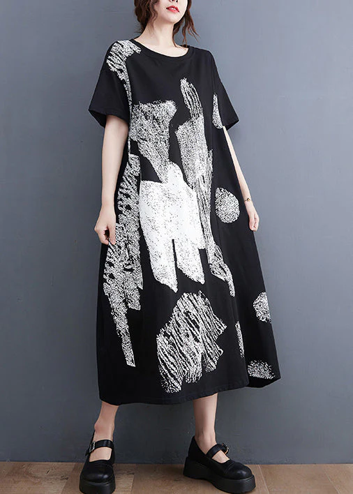 Stylish Black O-Neck Oversized Print Cotton Long Dress Summer - Image 3