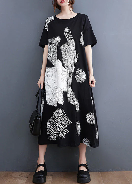 Stylish Black O-Neck Oversized Print Cotton Long Dress Summer - Image 4