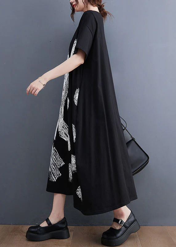 Stylish Black O-Neck Oversized Print Cotton Long Dress Summer - Image 5