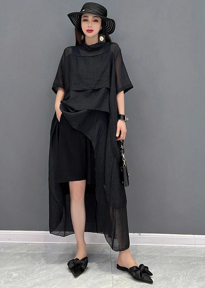 Stylish Black O-Neck Patchwork Dress Short Sleeve - Image 2