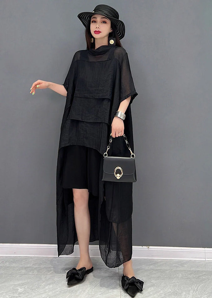 Stylish Black O-Neck Patchwork Dress Short Sleeve - Image 3