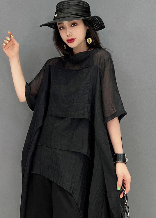 Stylish Black O-Neck Patchwork Dress Short Sleeve - Image 5