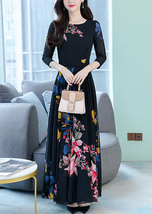 Stylish Black O-Neck Print Exra Large Hem Chiffon Dresses Half Sleeve - Image 2