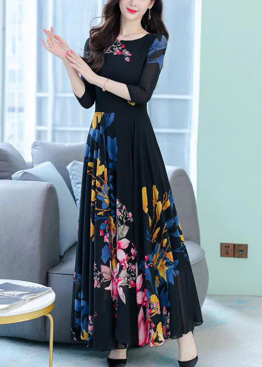 Stylish Black O-Neck Print Exra Large Hem Chiffon Dresses Half Sleeve - Image 3
