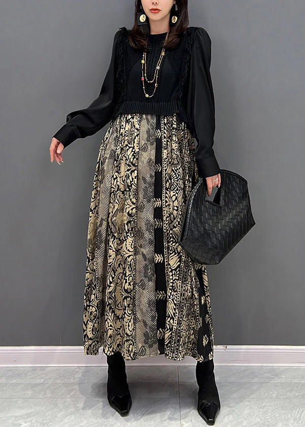 Stylish Black O Neck Print Knit Patchwork Chiffon Dresses Fall - Image 2