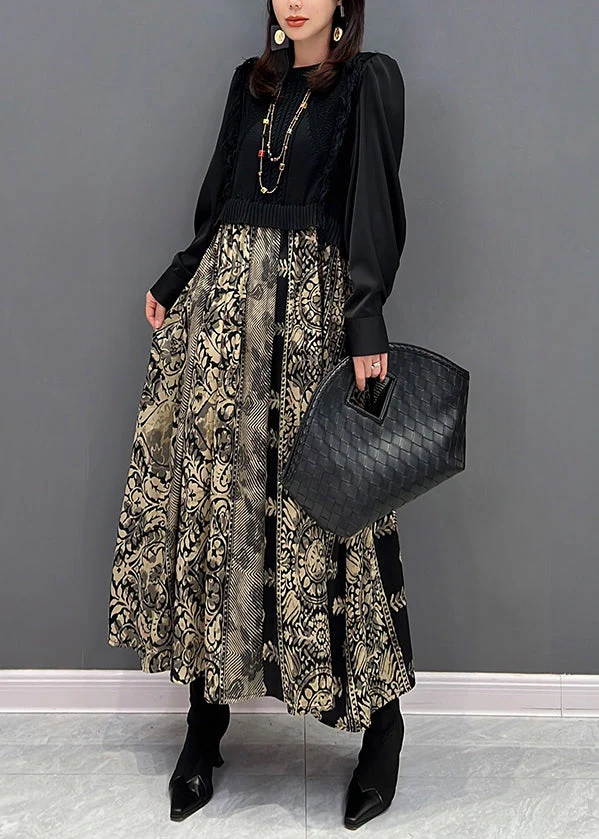 Stylish Black O Neck Print Knit Patchwork Chiffon Dresses Fall - Image 3