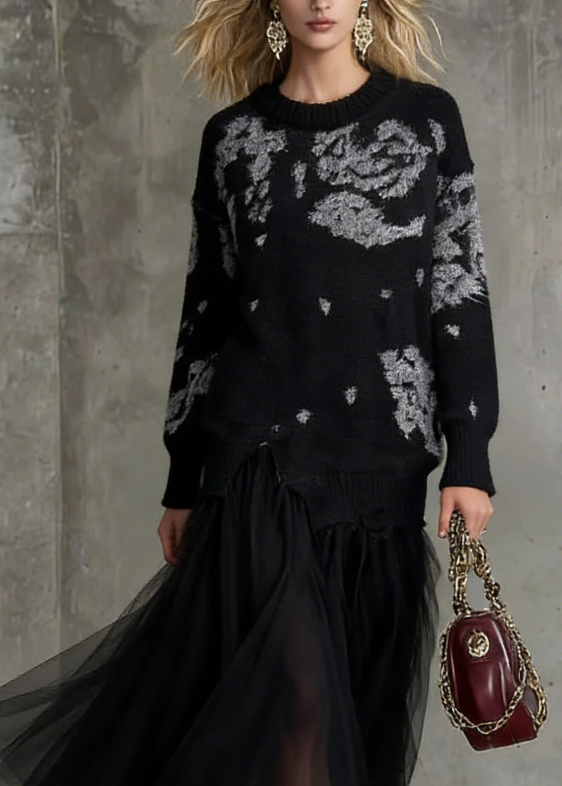 Stylish Black O Neck Print Tulle Patchwork Long Knit Dress Spring - Image 2