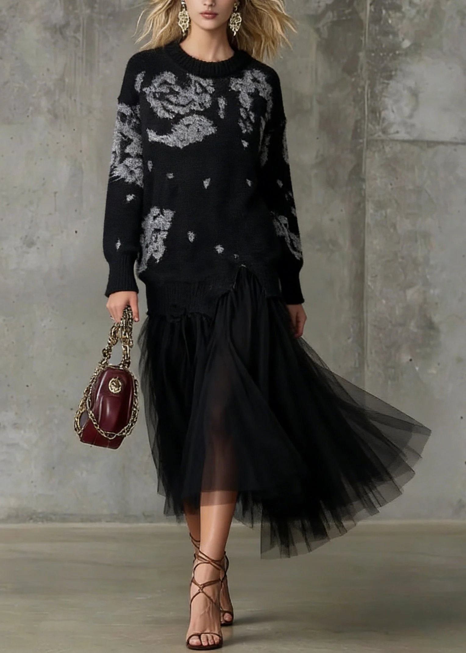 Stylish Black O Neck Print Tulle Patchwork Long Knit Dress Spring - Image 3