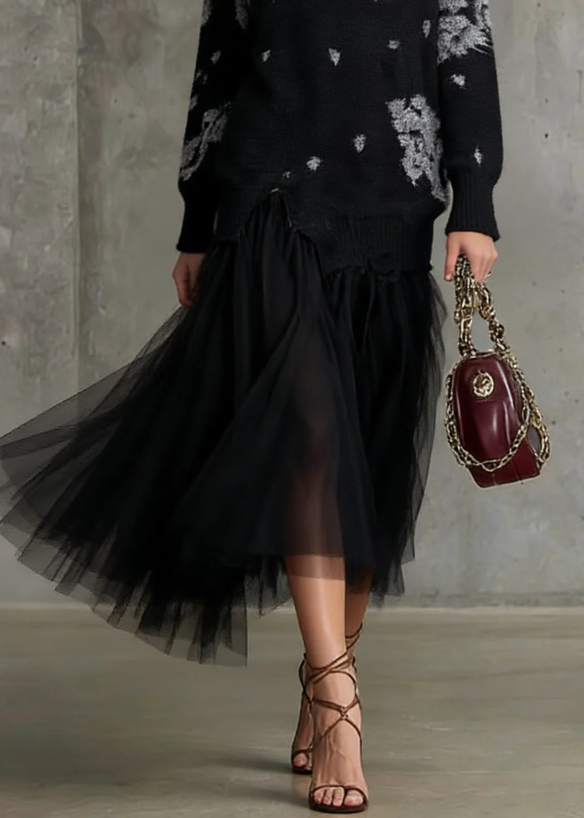 Stylish Black O Neck Print Tulle Patchwork Long Knit Dress Spring - Image 4