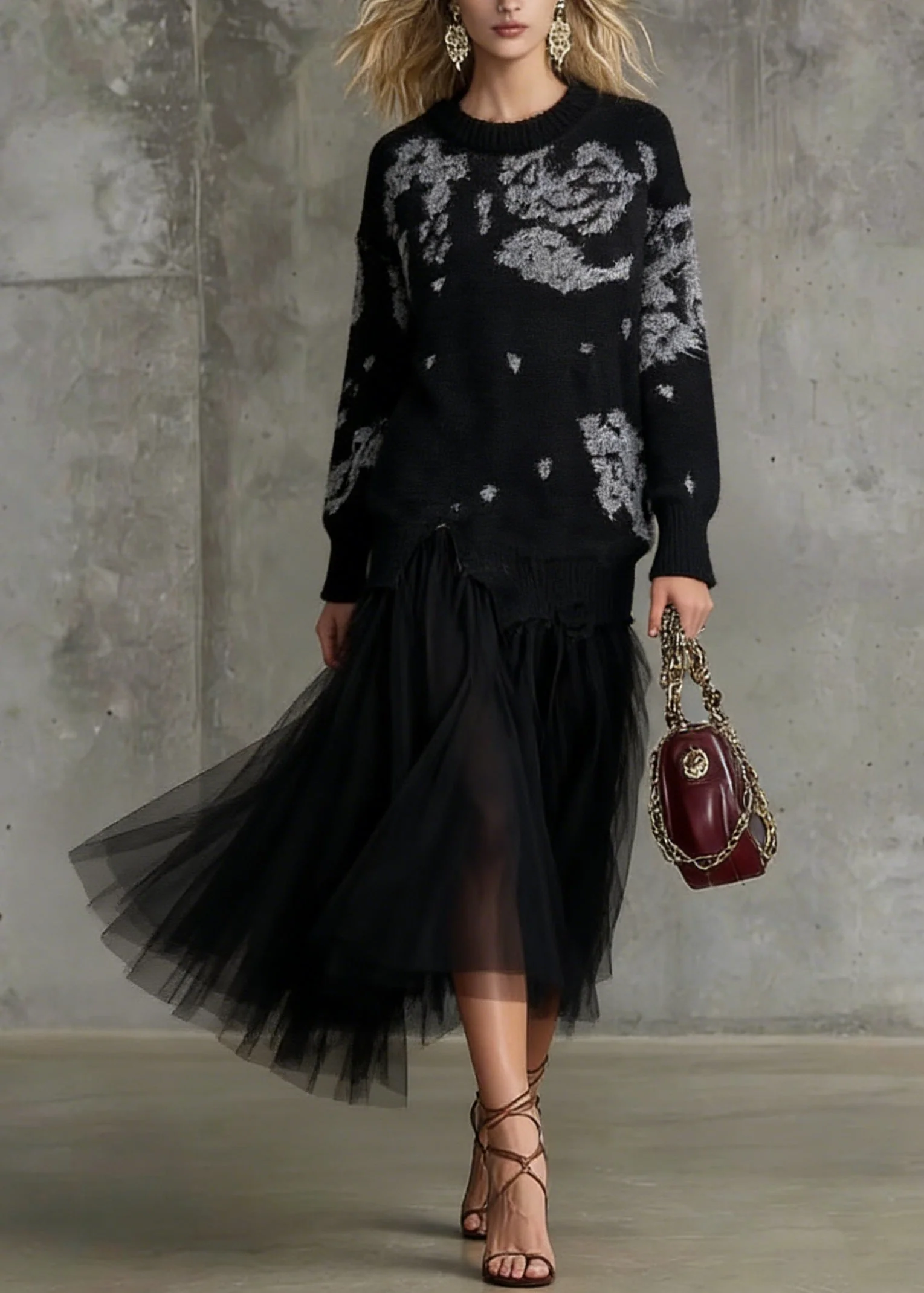 Stylish Black O Neck Print Tulle Patchwork Long Knit Dress Spring - Image 5