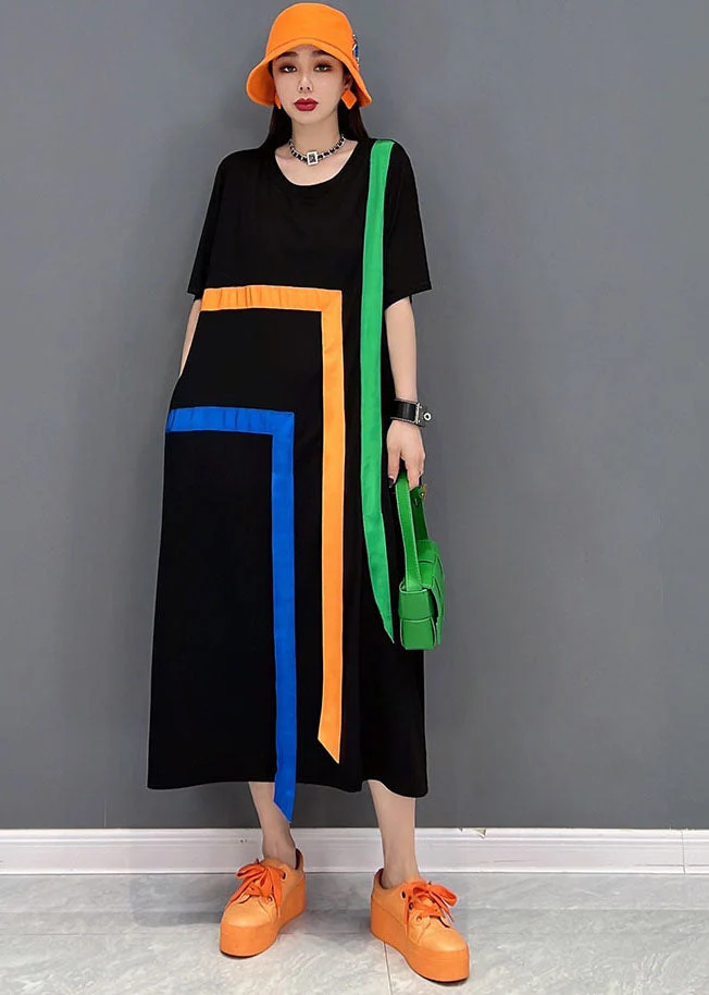 Stylish Black O-Neck Rainbow Applique Cotton Lengthen Dress Short Sleeve - Image 2