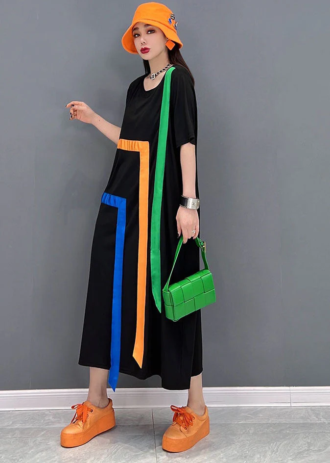 Stylish Black O-Neck Rainbow Applique Cotton Lengthen Dress Short Sleeve - Image 3