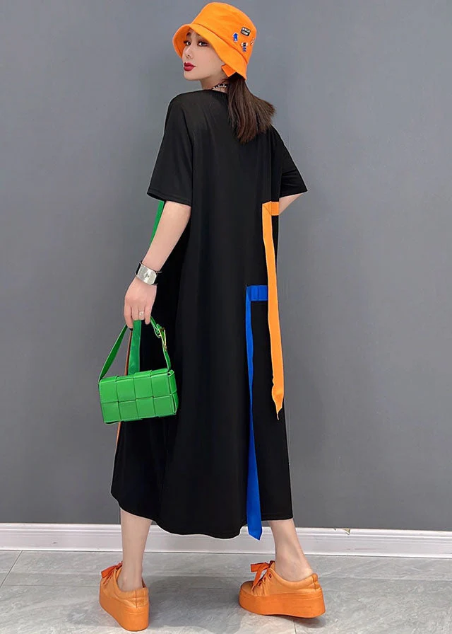 Stylish Black O-Neck Rainbow Applique Cotton Lengthen Dress Short Sleeve - Image 4