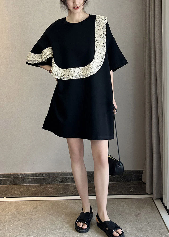 Stylish Black O-Neck Ruffled Patchwork Mid Dresses Short Sleeve - Image 2