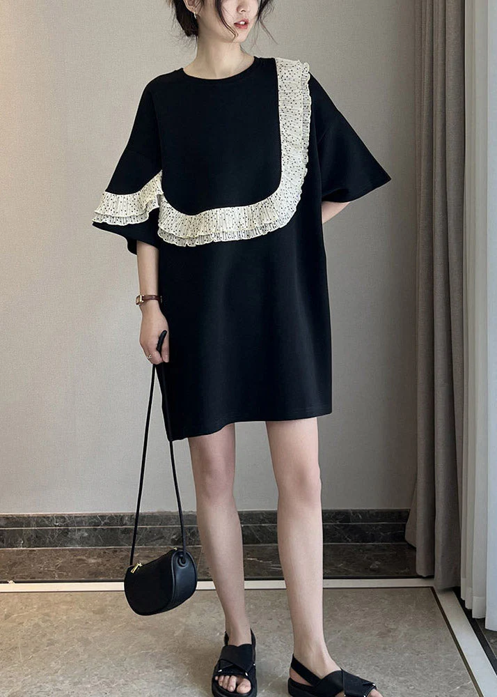 Stylish Black O-Neck Ruffled Patchwork Mid Dresses Short Sleeve - Image 3