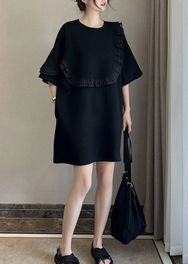 Stylish Black O-Neck Ruffled Patchwork Mid Dresses Short Sleeve - Image 4