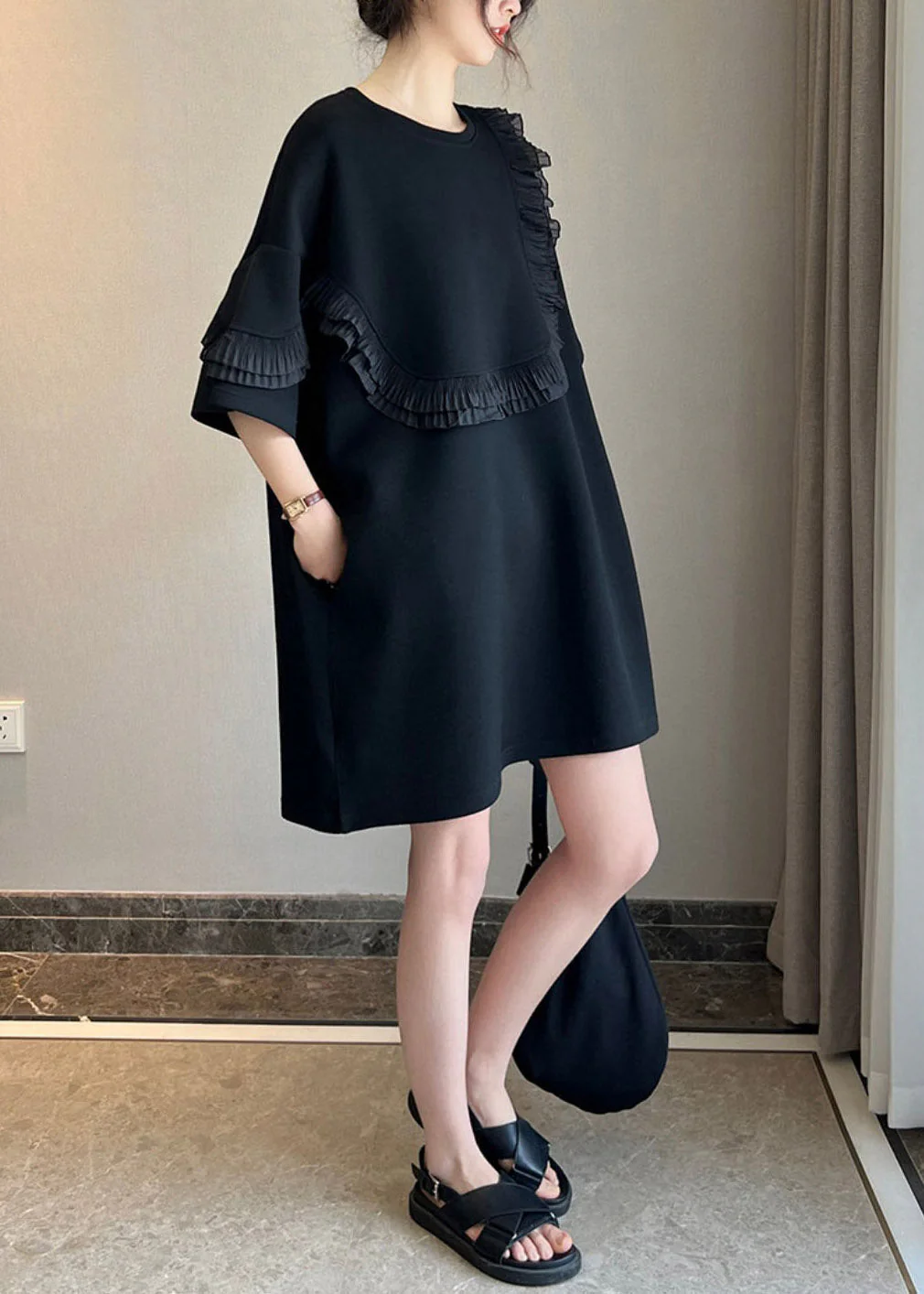 Stylish Black O-Neck Ruffled Patchwork Mid Dresses Short Sleeve - Image 5