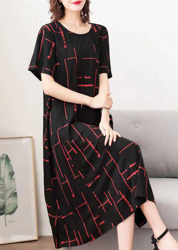 Stylish Black O Neck Striped Patchwork Cotton Dresses Summer - Image 2