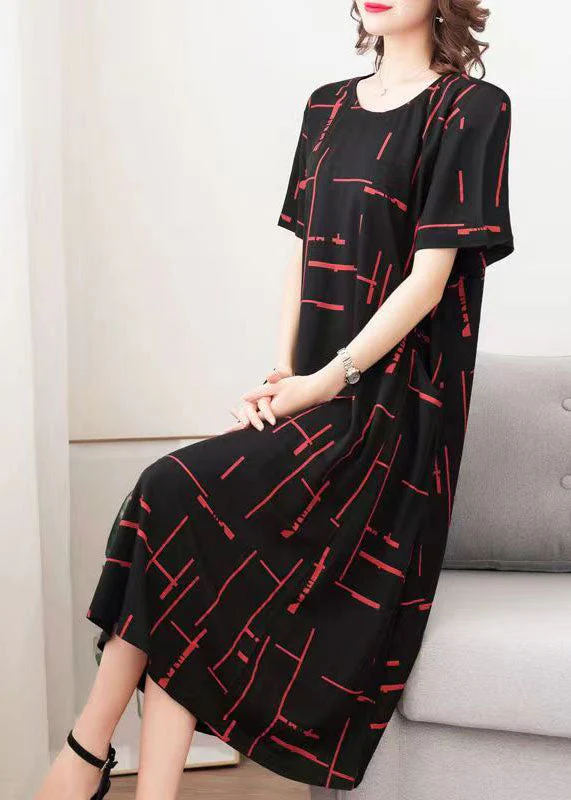 Stylish Black O Neck Striped Patchwork Cotton Dresses Summer - Image 4
