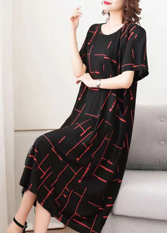 Stylish Black O Neck Striped Patchwork Cotton Dresses Summer - Image 5