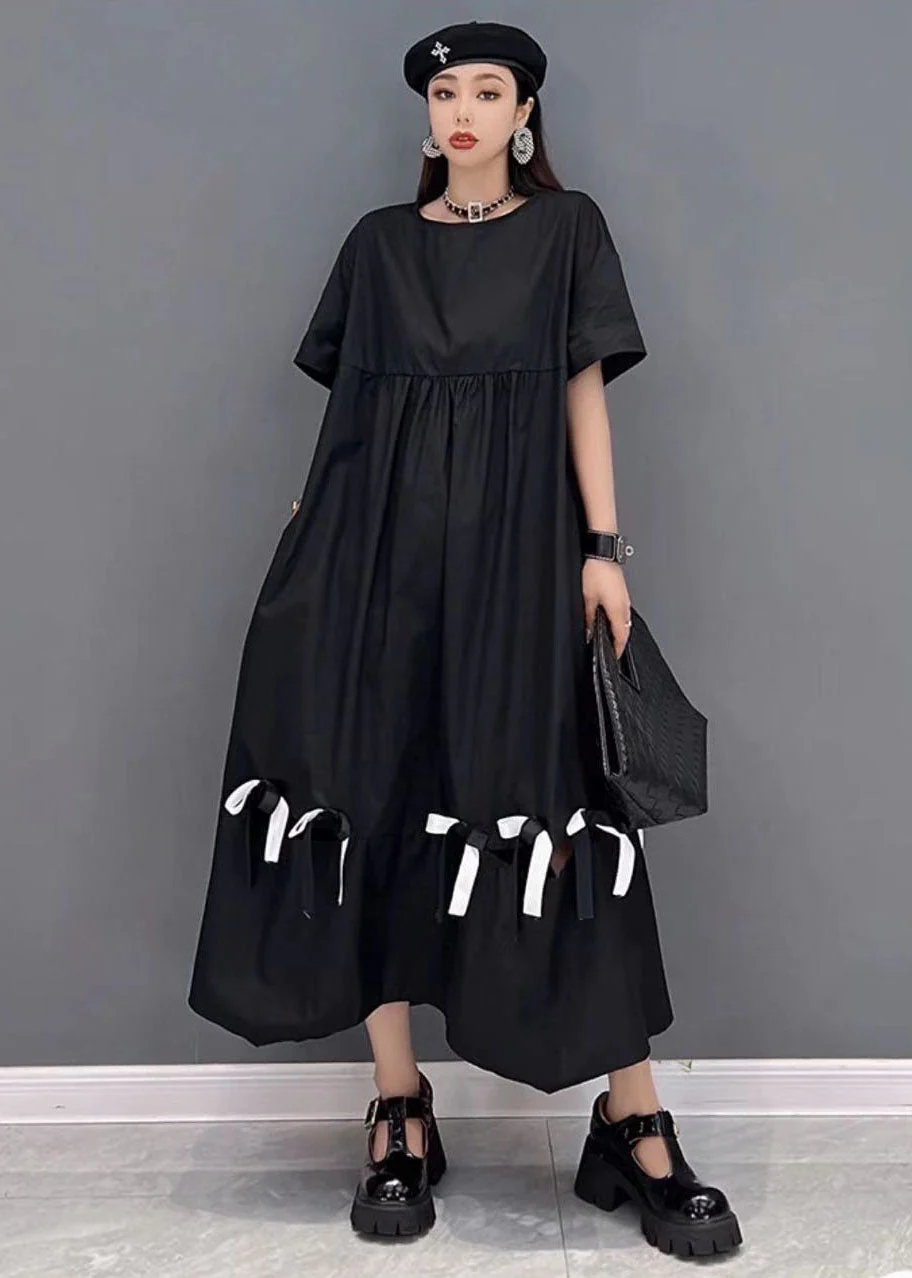 Stylish Black O-Neck Wrinkled Cotton Long Dress Short Sleeve - Image 2