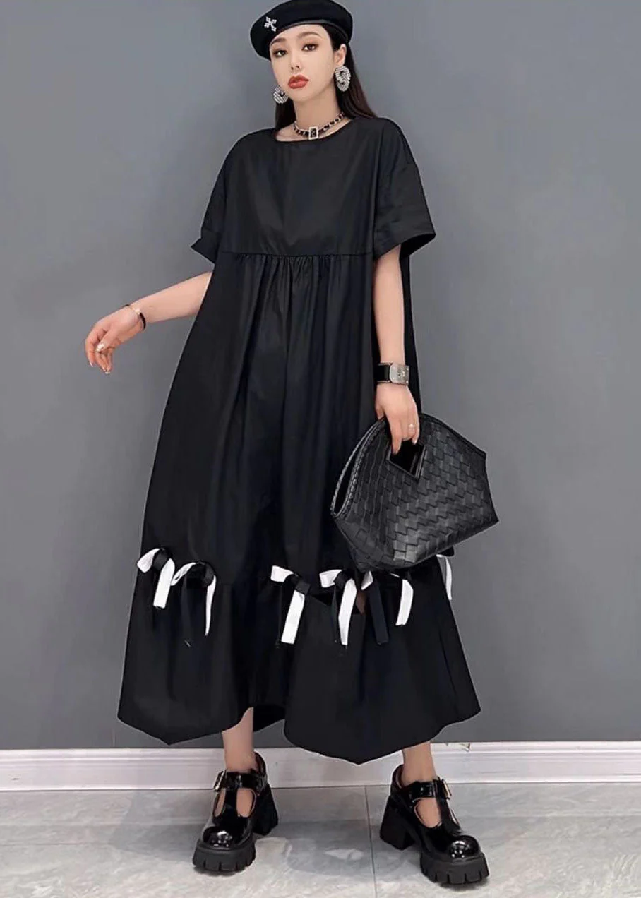 Stylish Black O-Neck Wrinkled Cotton Long Dress Short Sleeve - Image 3