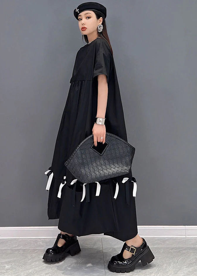 Stylish Black O-Neck Wrinkled Cotton Long Dress Short Sleeve - Image 4