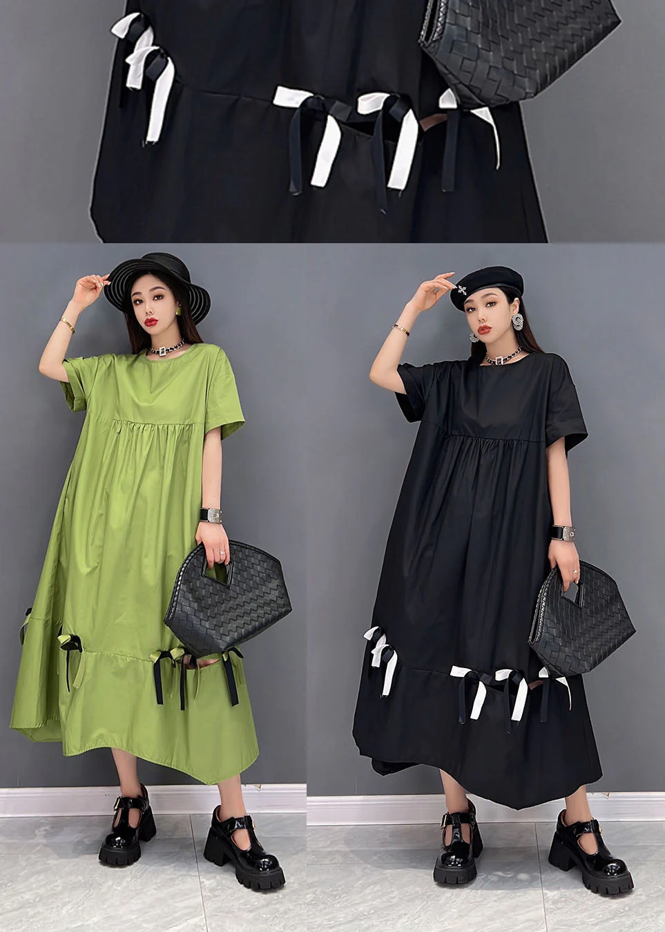 Stylish Black O-Neck Wrinkled Cotton Long Dress Short Sleeve - Image 5