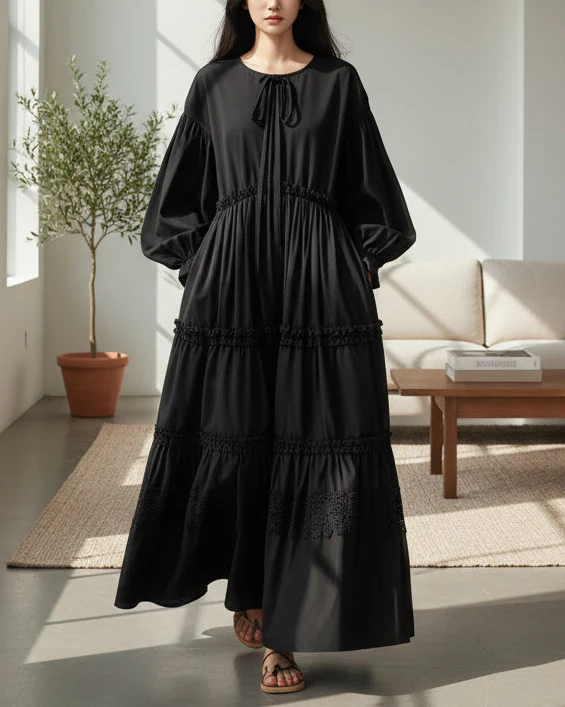 Stylish Black Oversized Cotton Long Dresses Lantern Sleeve