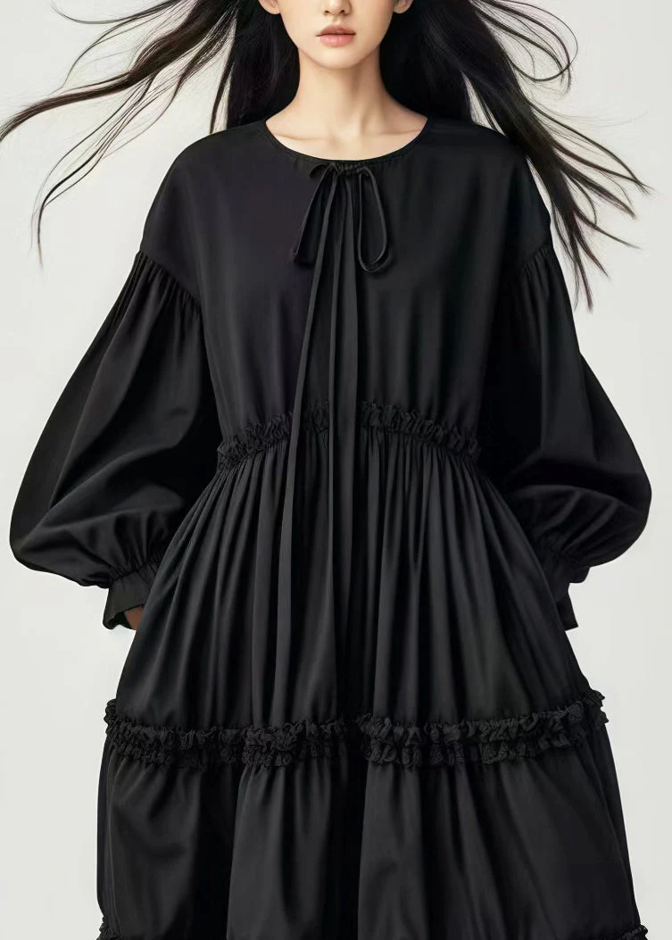 Stylish Black Oversized Cotton Long Dresses Lantern Sleeve - Image 2