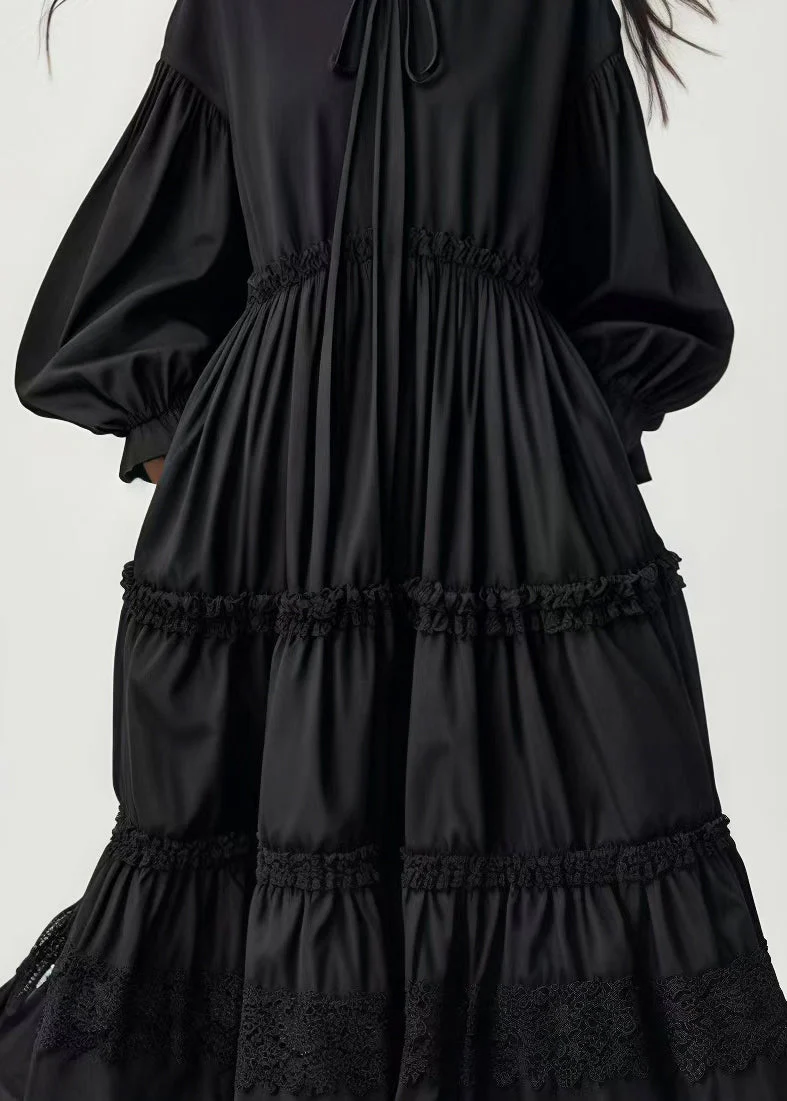 Stylish Black Oversized Cotton Long Dresses Lantern Sleeve - Image 3