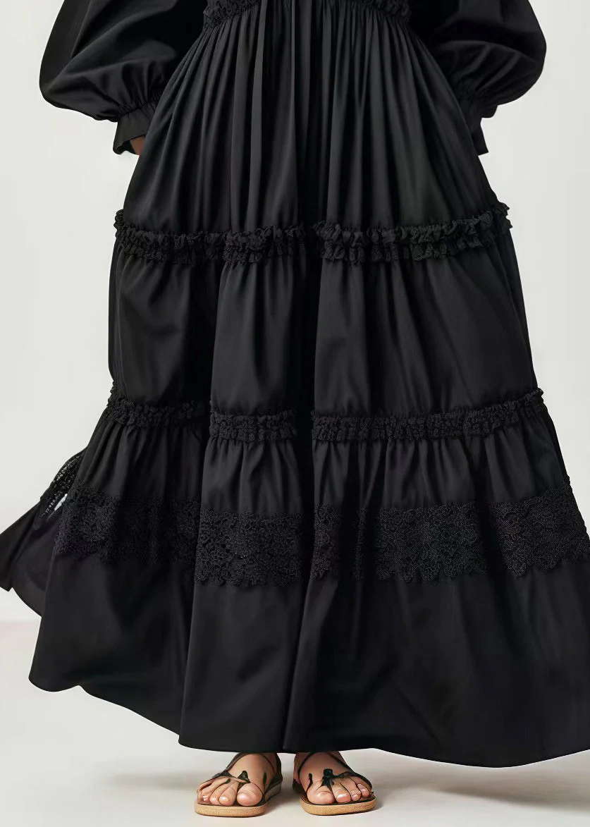 Stylish Black Oversized Cotton Long Dresses Lantern Sleeve - Image 4