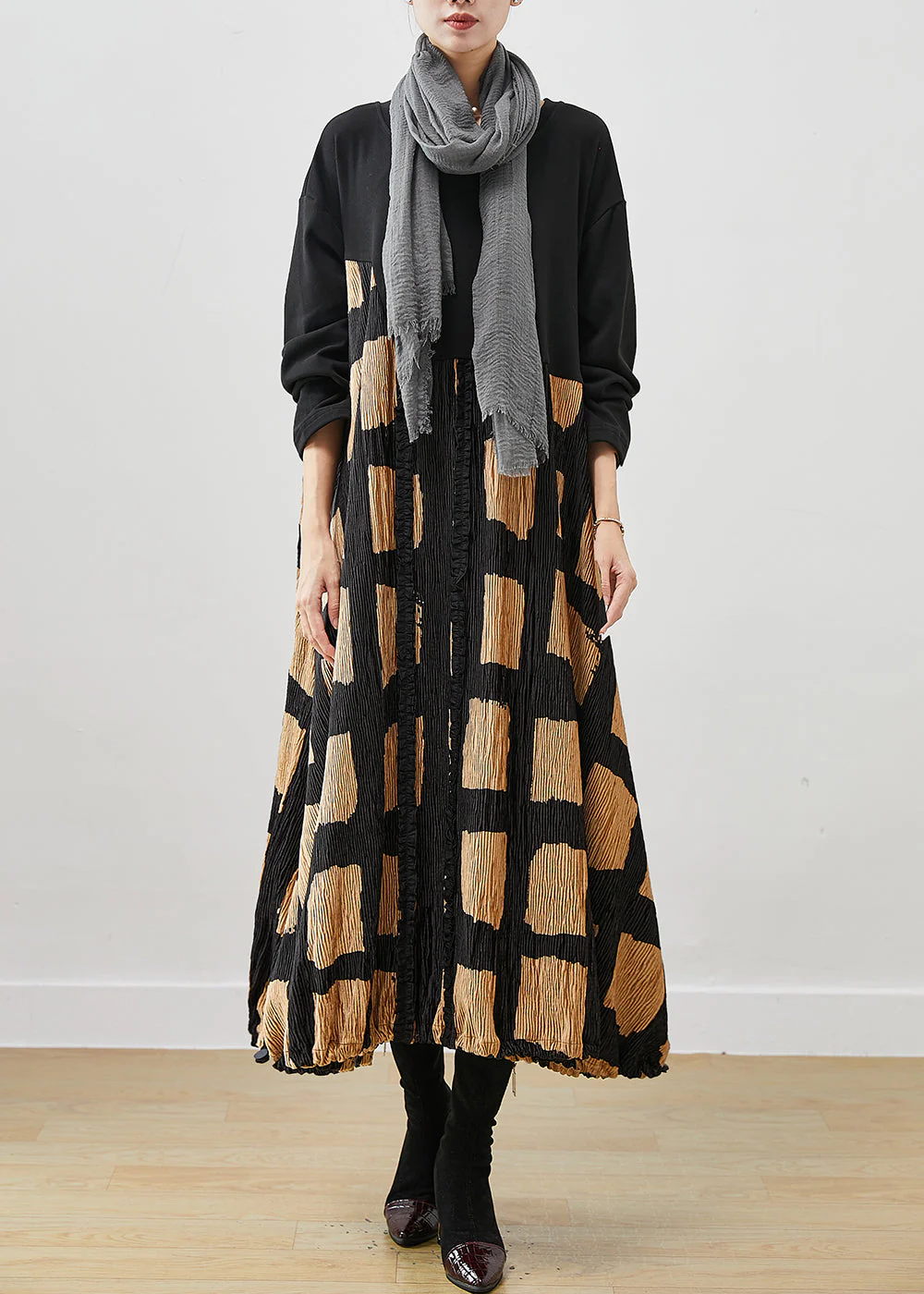 Stylish Black Oversized Patchwork Cotton Holiday Dress Spring - Image 2