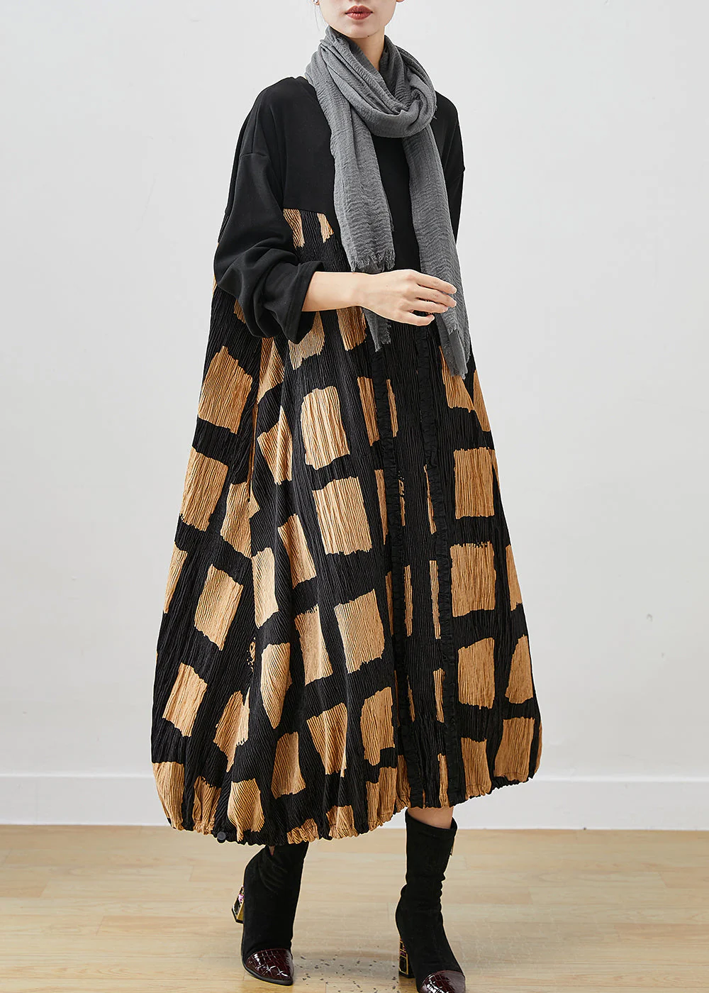Stylish Black Oversized Patchwork Cotton Holiday Dress Spring - Image 3