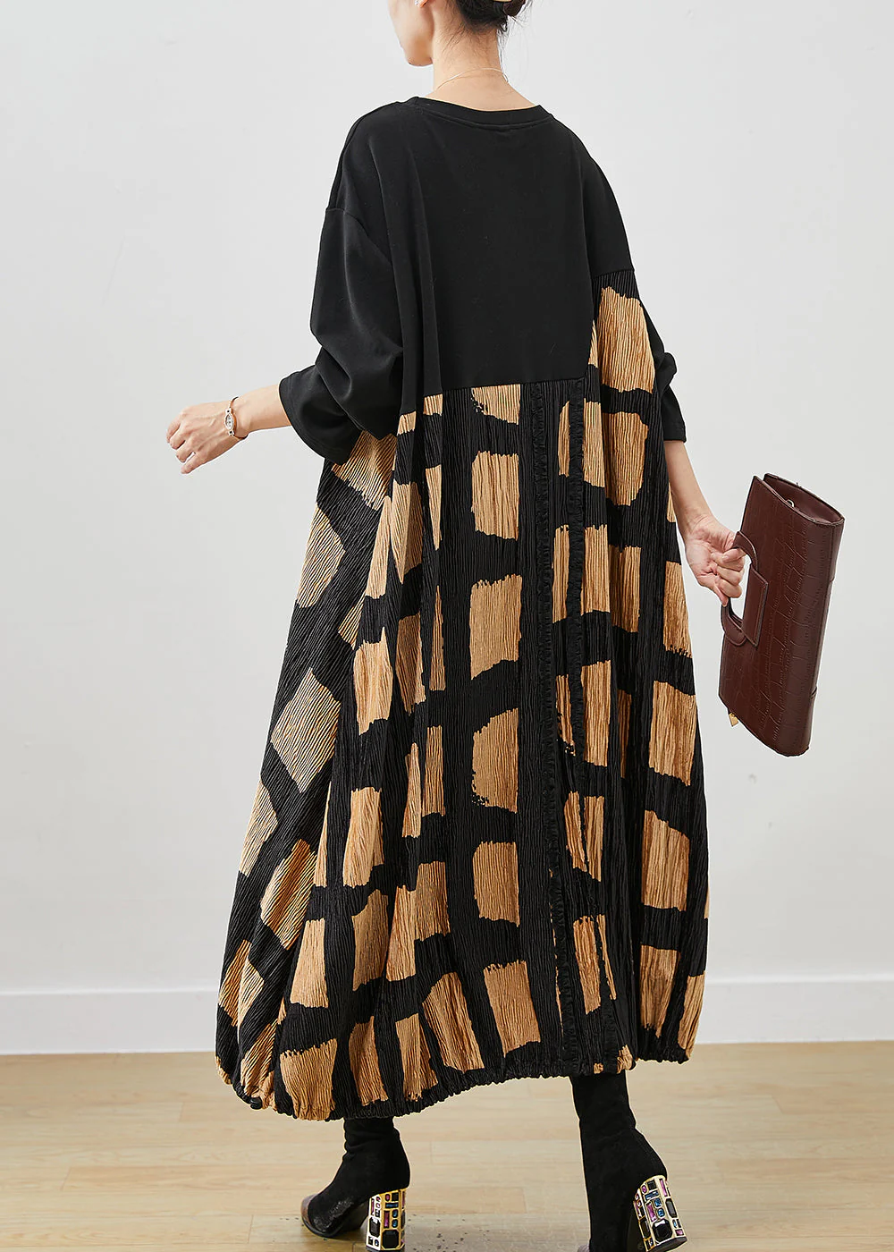 Stylish Black Oversized Patchwork Cotton Holiday Dress Spring - Image 4