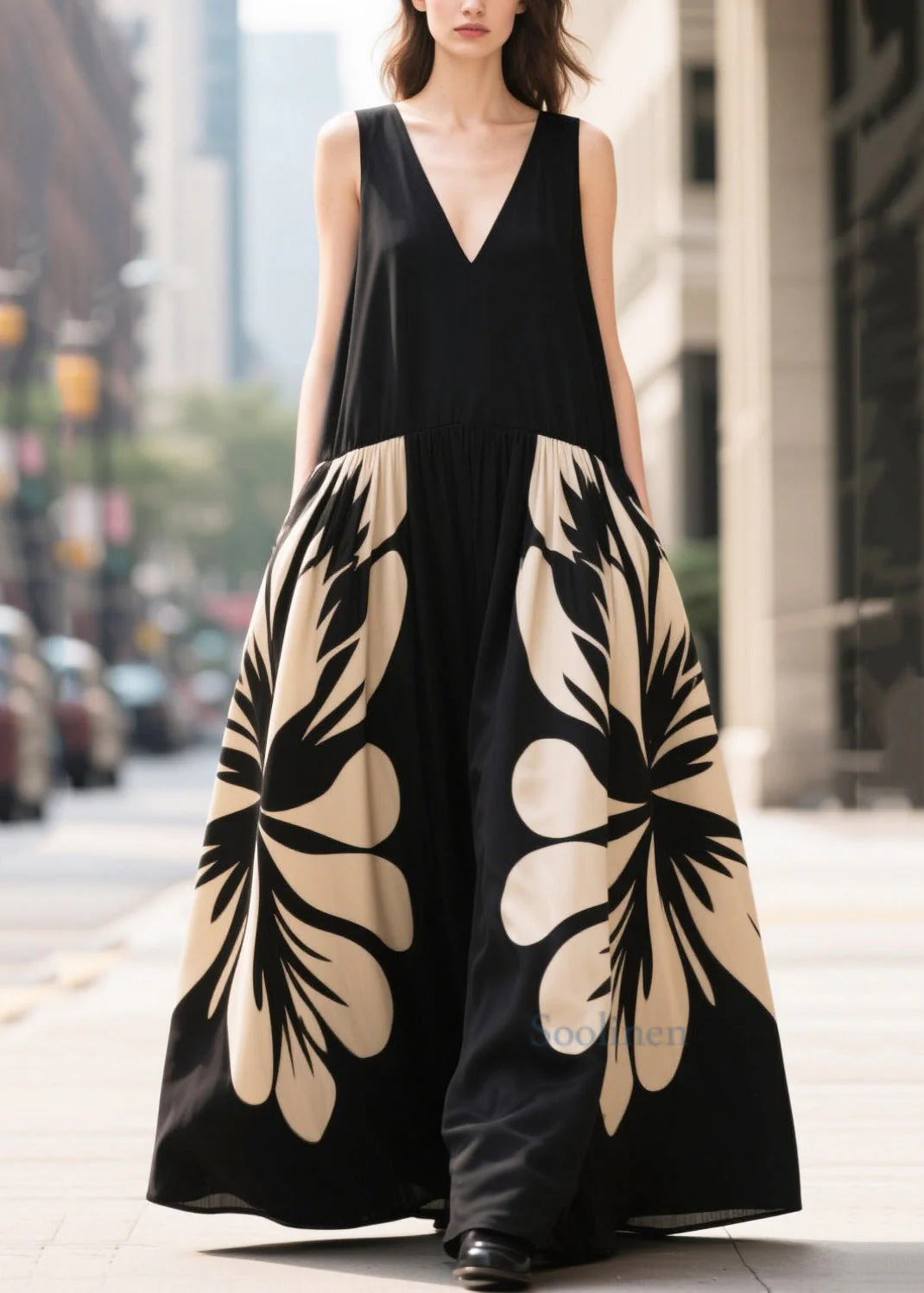 Stylish Black Oversized Print Chiffon Long Dresses Summer - Image 3