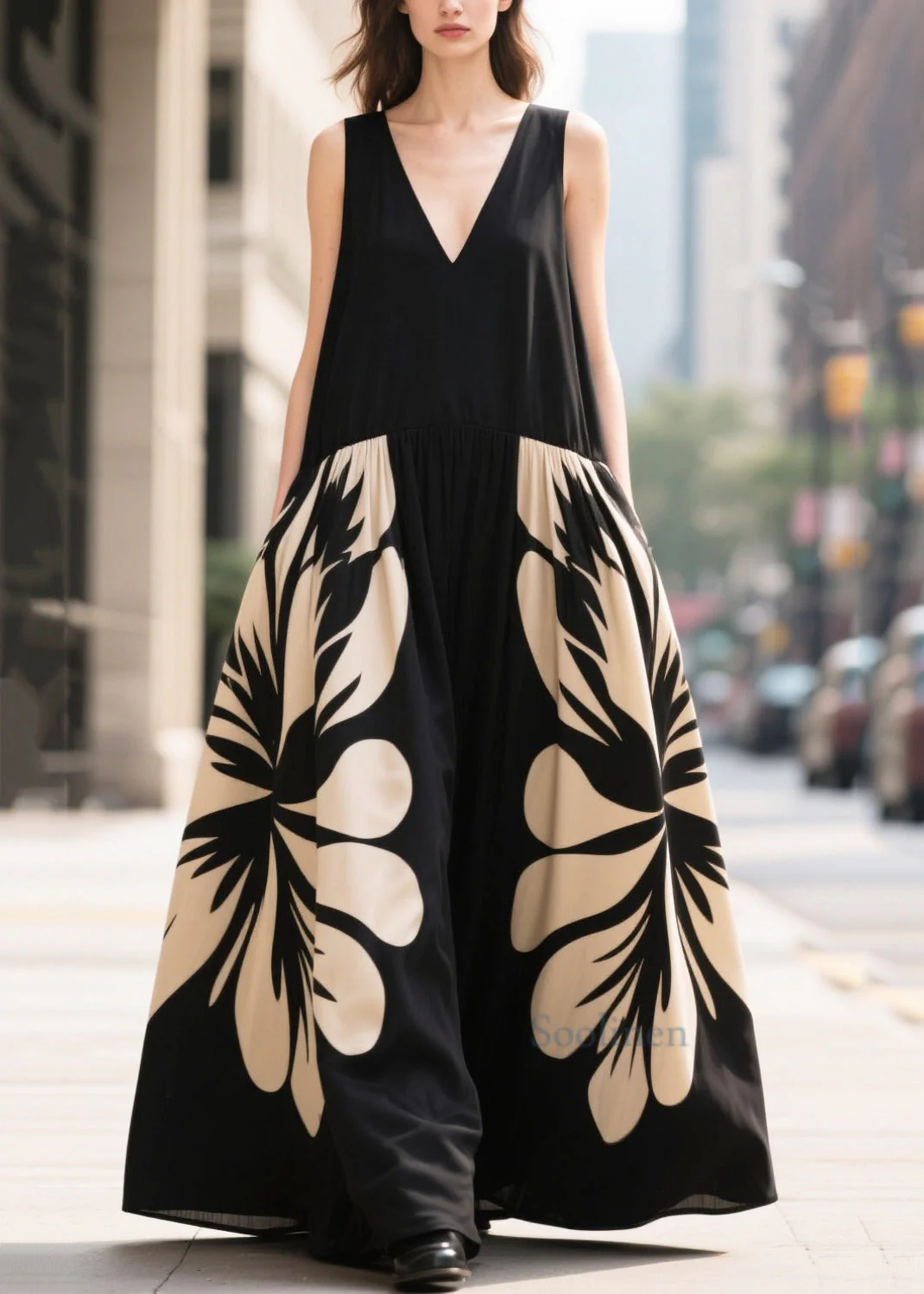Stylish Black Oversized Print Chiffon Long Dresses Summer - Image 5