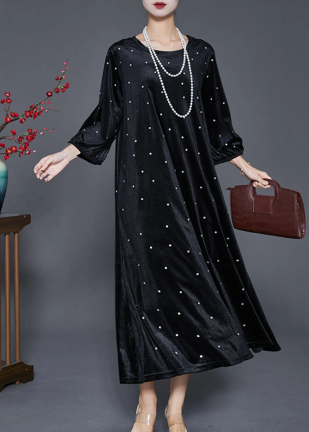 Stylish Black Oversized Zircon Silk Velour Dress Bracelet Sleeve - Image 2