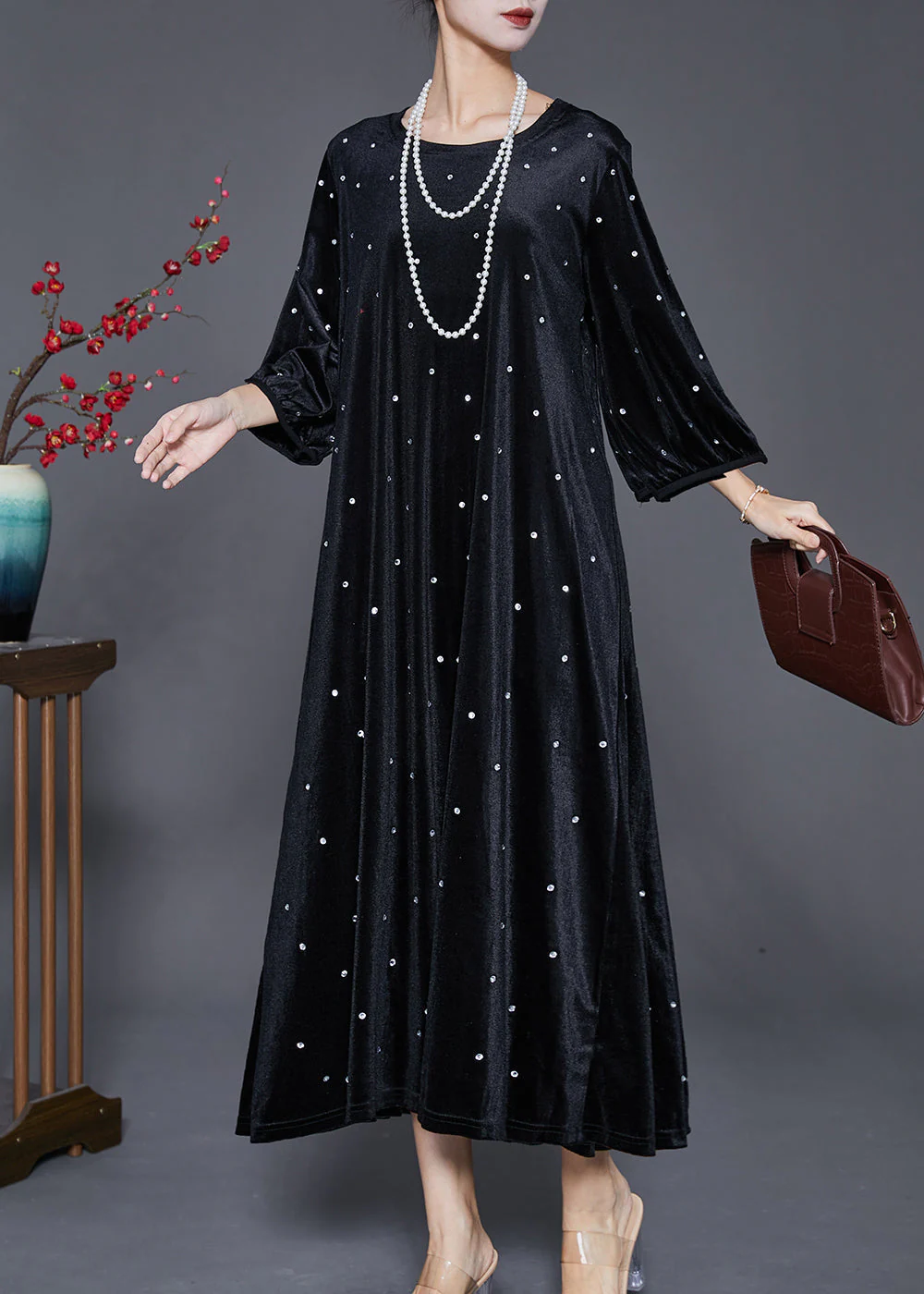 Stylish Black Oversized Zircon Silk Velour Dress Bracelet Sleeve - Image 3