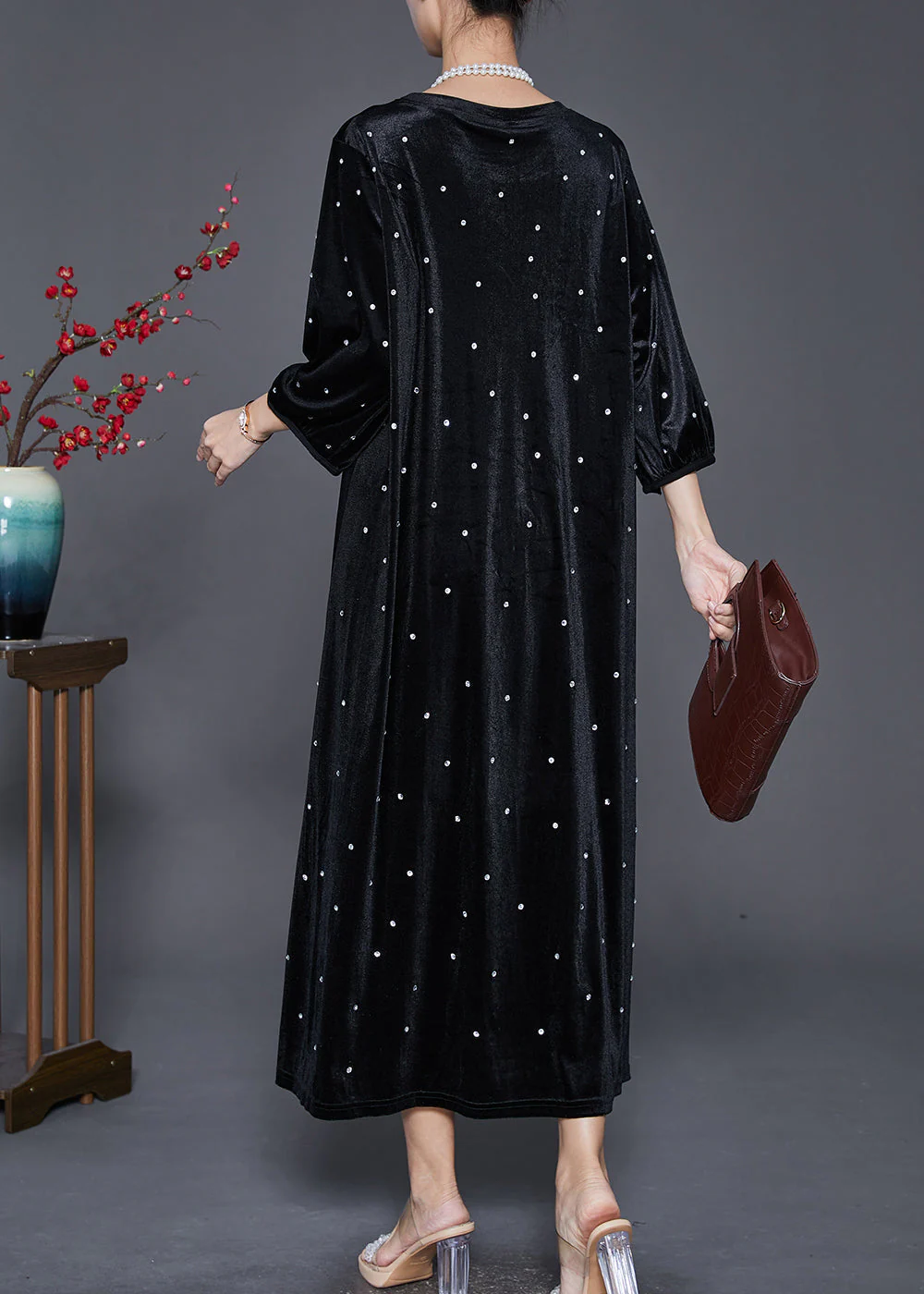 Stylish Black Oversized Zircon Silk Velour Dress Bracelet Sleeve - Image 4